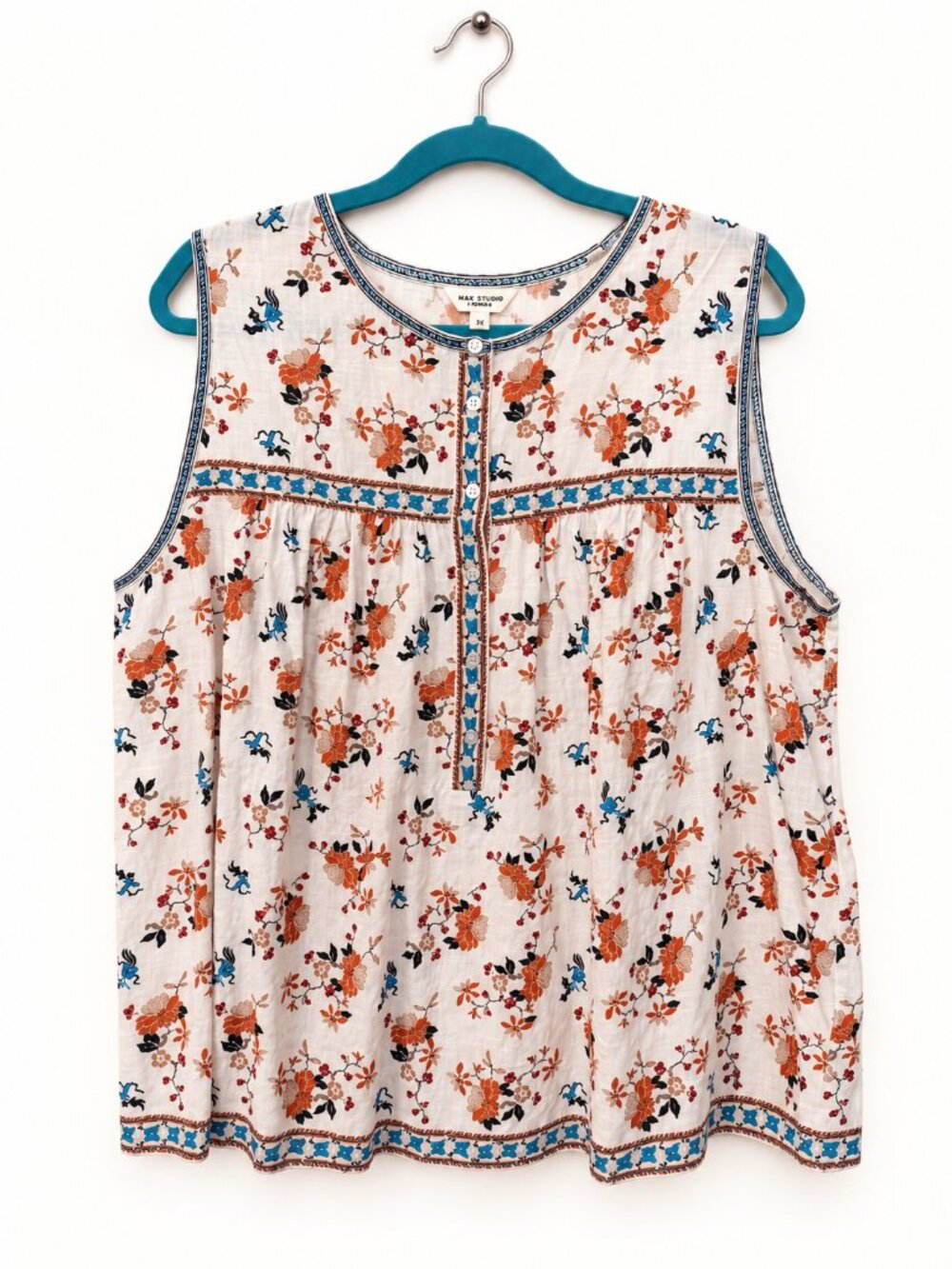Max Studio London Floral Print Sleeveless Blouse Boho Tunic Cotton Rayon Size 2X
